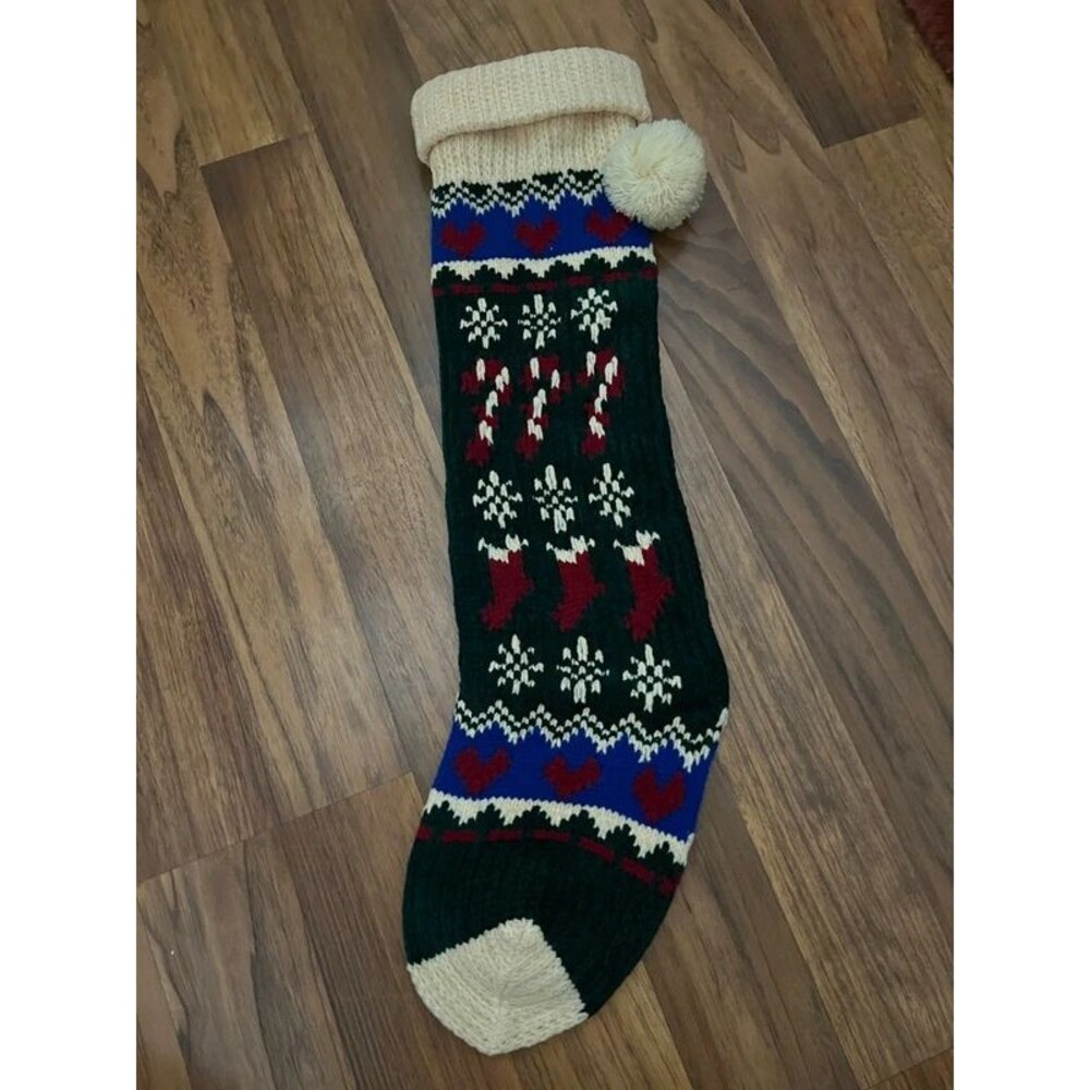 Knit Christmas Stocking with Candy Canes and Snowflakes